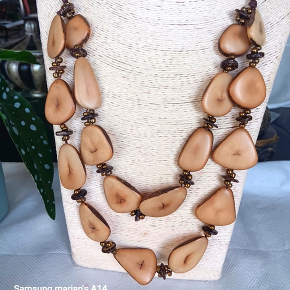 Artisanal Handcrafted Tagua Nut Necklace, Bronze Beads,Coco Shells, Ecuador - Picture 1 of 6